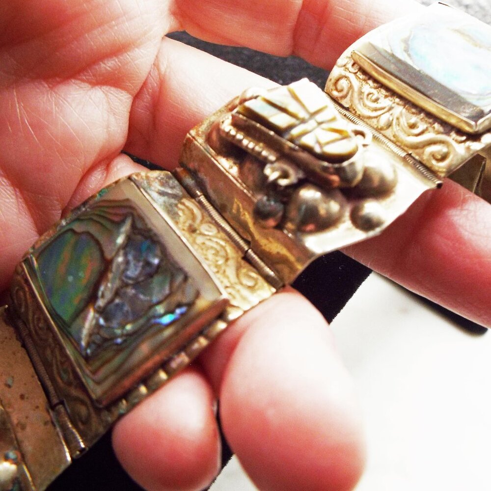 HECHO EN MEXICO - EAGLE HEAD DFS MAYAN AZTEC HEADS & INLAY ABALONE BRACELET 40A - Picture 3 of 6